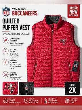 NFL Tampa Bay Buccaneers Lightweight Quilted Puffer Vest Men 2X Full Zip Red NWT